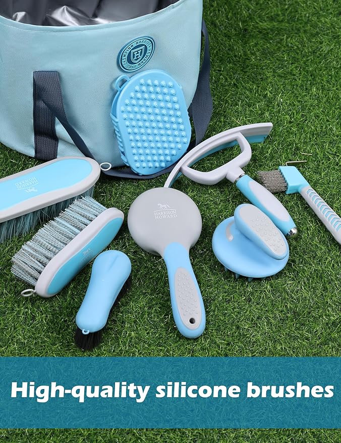 Horse Grooming Kit, 9-Piece Grooming Tools Set for Daily Horse Care – Includes All Essential Tools for Everyday Grooming Soft Blue