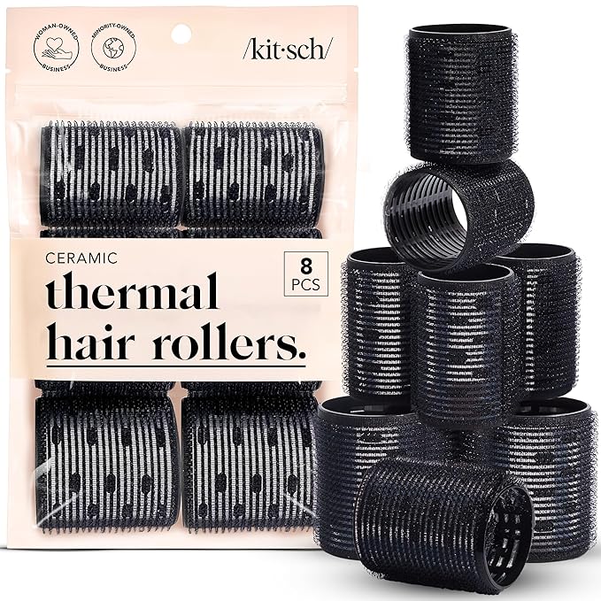 Kitsch Ceramic Hair Rollers for Women – Self-Grip Hair Curlers for Heatless Overnight Curls, Long-Lasting, Frizz-Free, Volumizing Large Rollers for All Hair Types – Black, 8 Count (Pack of 1)