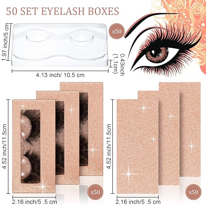 Maitys 50 Sets Empty Lash Case Set, Include Empty Eyelash Box Packaging Storage Box, Eyelash Boxes Tray False Storage, Internal Background Paper(Champagne Gold)