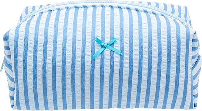 PAZIMIIK Cozy Makeup Bag for Women,Zipper Cosmetic Pouch,Stripe Lake Blue