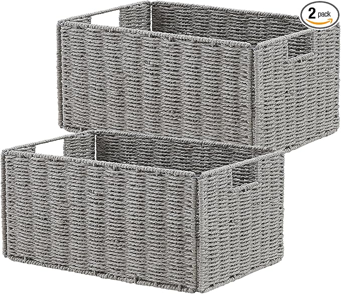 Vagusicc Wicker Storage Basket, Set of 2 Hand-Woven Paper Rope Wicker Basket, Small Storage Baskets for Organizing Toilet Paper, Foldable Large Cube Storage Organizer Bins for Shelves (Grey)