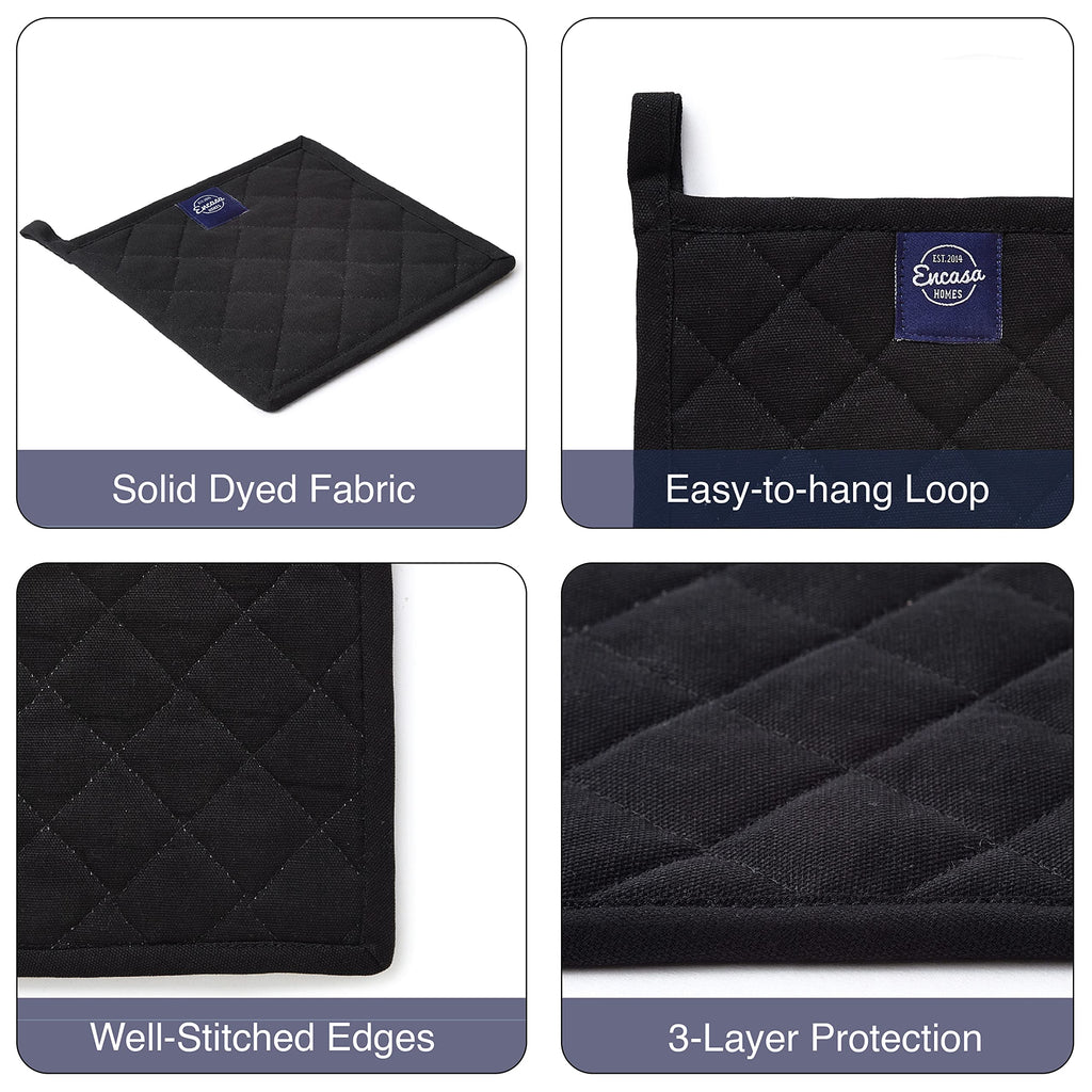 Encasa XO Heat Resistant Cotton Pot Holders with Hanging Loop - Set of 2 - Full Black - Multipurpose Quilted Everyday Hot Pad for Kitchen, Camping, BBQ & Microwave - 8x8 in
