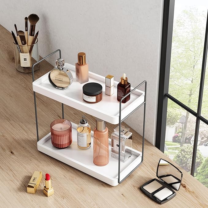 Forbena White Bathroom Organizer Countertop, Kitchen Counter Shelf Organizer for Coffee Bar Station, Makeup Vanity Organizers and Storage, Tiered Sink Tray for Perfurm Skincare (White and Grey)