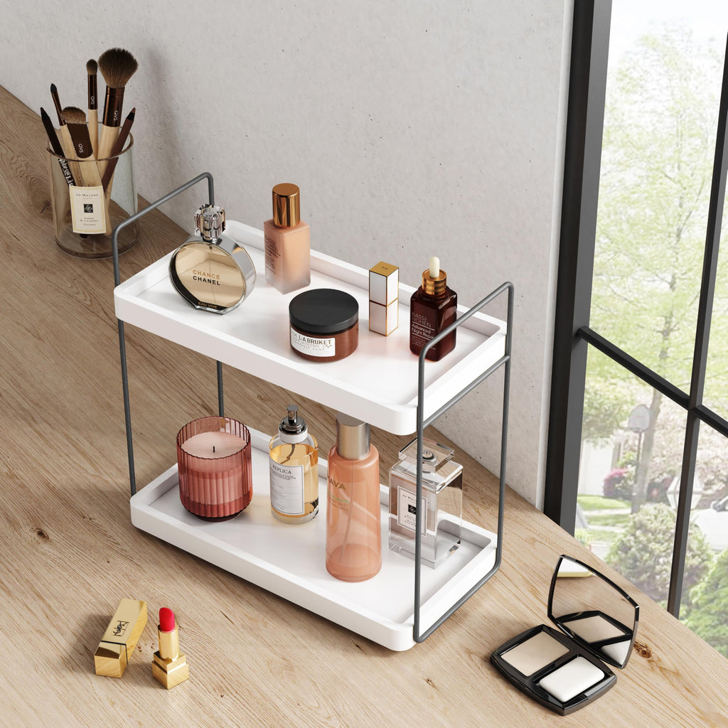 Forbena White Bathroom Organizer Countertop, Kitchen Counter Shelf Organizer for Coffee Bar Station, Makeup Vanity Organizers and Storage, Tiered Sink Tray for Perfurm Skincare (White and Grey)