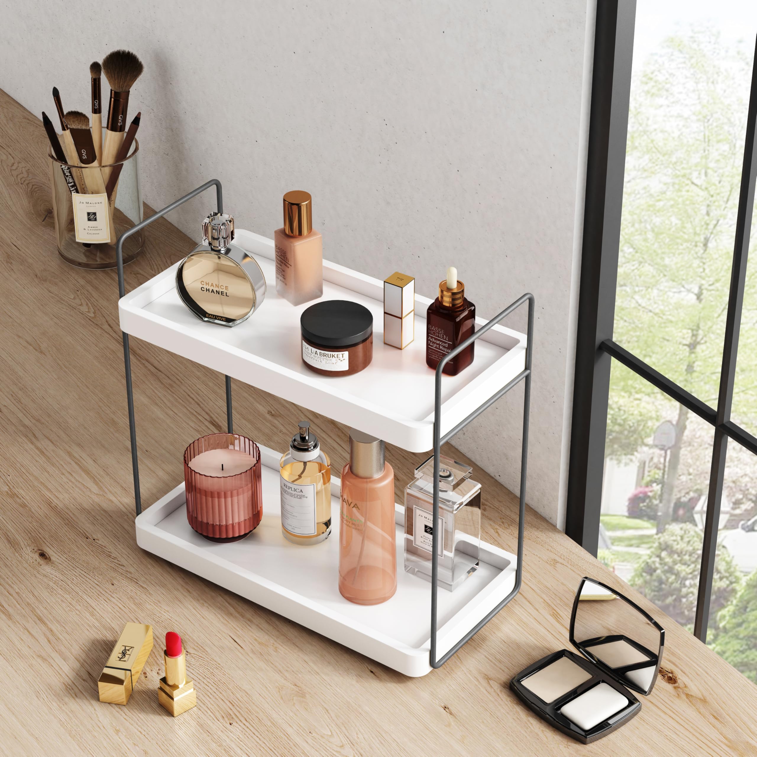 Forbena White Bathroom Organizer Countertop, Kitchen Counter Shelf Organizer for Coffee Bar Station, Makeup Vanity Organizers and Storage, Tiered Sink Tray for Perfurm Skincare (White and Grey)