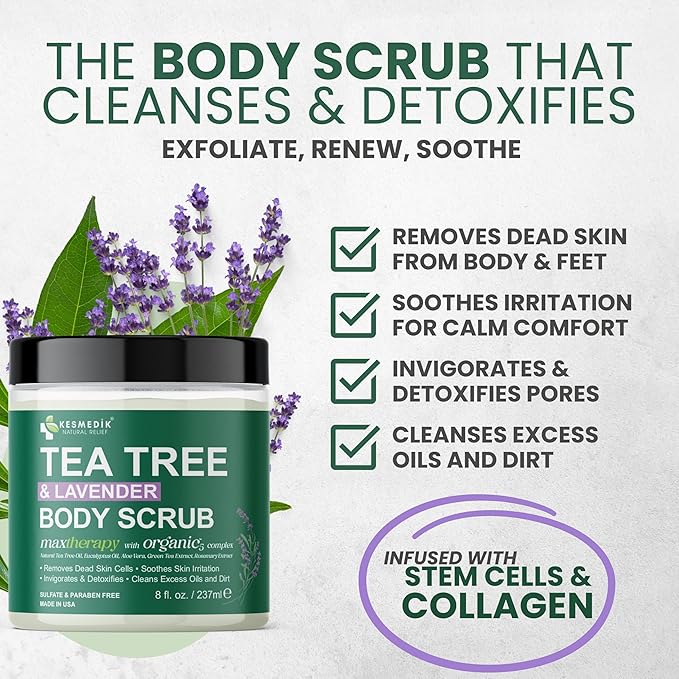 KESMEDIK Tea Tree Oil Foot & Body Scrub with Himalayan Salt & Shea Butter, Exfoliating Scrub for Feet & Skin, Helps Control Odor, Removes Dead Skin & Smooths Rough Heels and Calluses