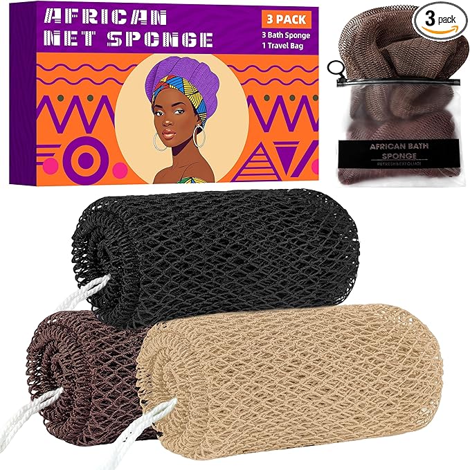 African Net Sponge Authentic, 3 Pieces Exfoliating Scrubber Bath Sponge for All Skin Types, Back Scrubber Loofah Washcloth for Shower, Gentle Exfoliation (Linen,Brown,Black)