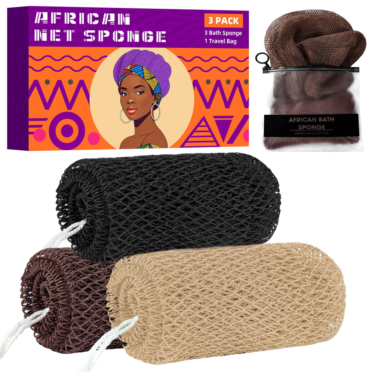 African Net Sponge 3 Pack with Travel Bag (Purple/Pink/Green)