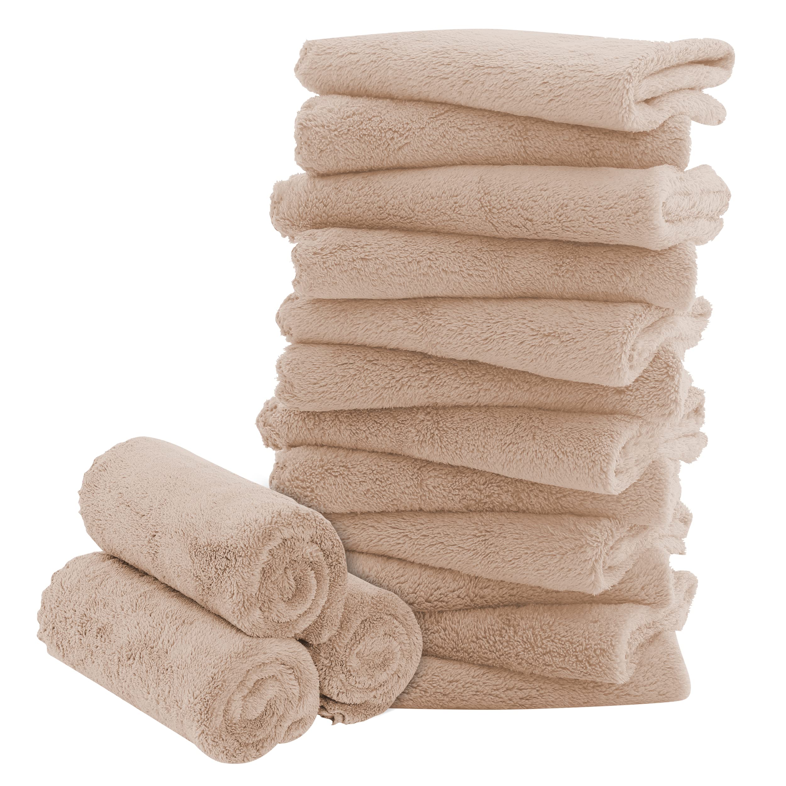 16 Pack Baby Washcloths - 10x10 Inch, Coral Fleece - Extra Absorbent and Soft Wash Clothes for Newborns, Infants and Toddlers - Suitable for Sensitive Skin and New Born - Baby Shower - Brown