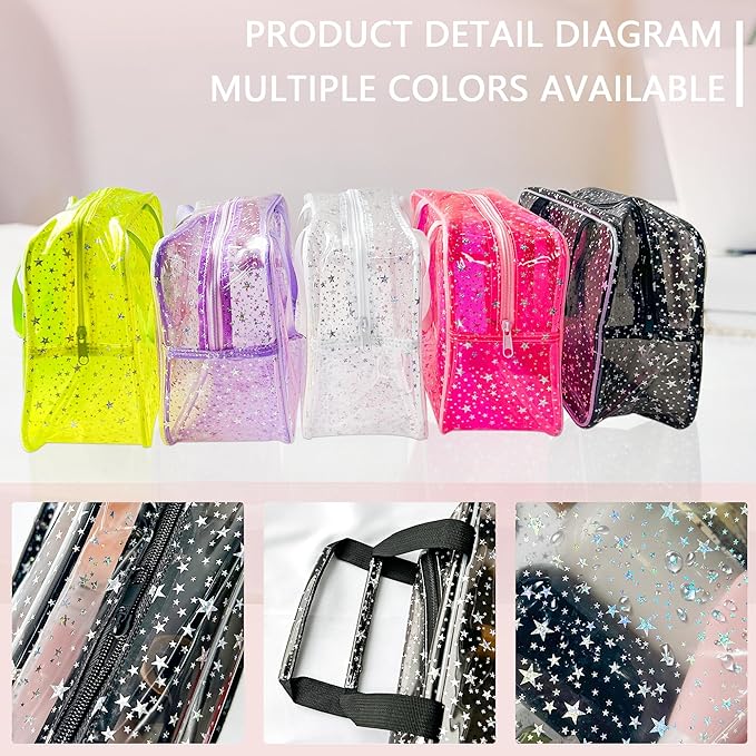TotePrint Hot Pink Star Large Cosmetic Bag 12x5x8 inch Travel Pouch with Handle,Durable PVC Material,Zipper Design-Ideal for Makeup,Travel Essentials