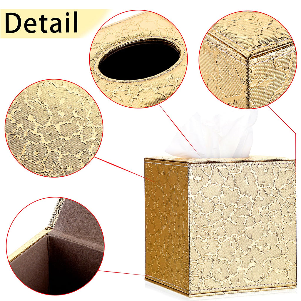 Sumnacon Square Leather Tissue Box Cover - Stylish Cube Tissue Box Holder with Magnetic Bottom, Decorative PU Tissue Box for Vanity Dresser Night Stand Table Countertop Home Office Car, Gold