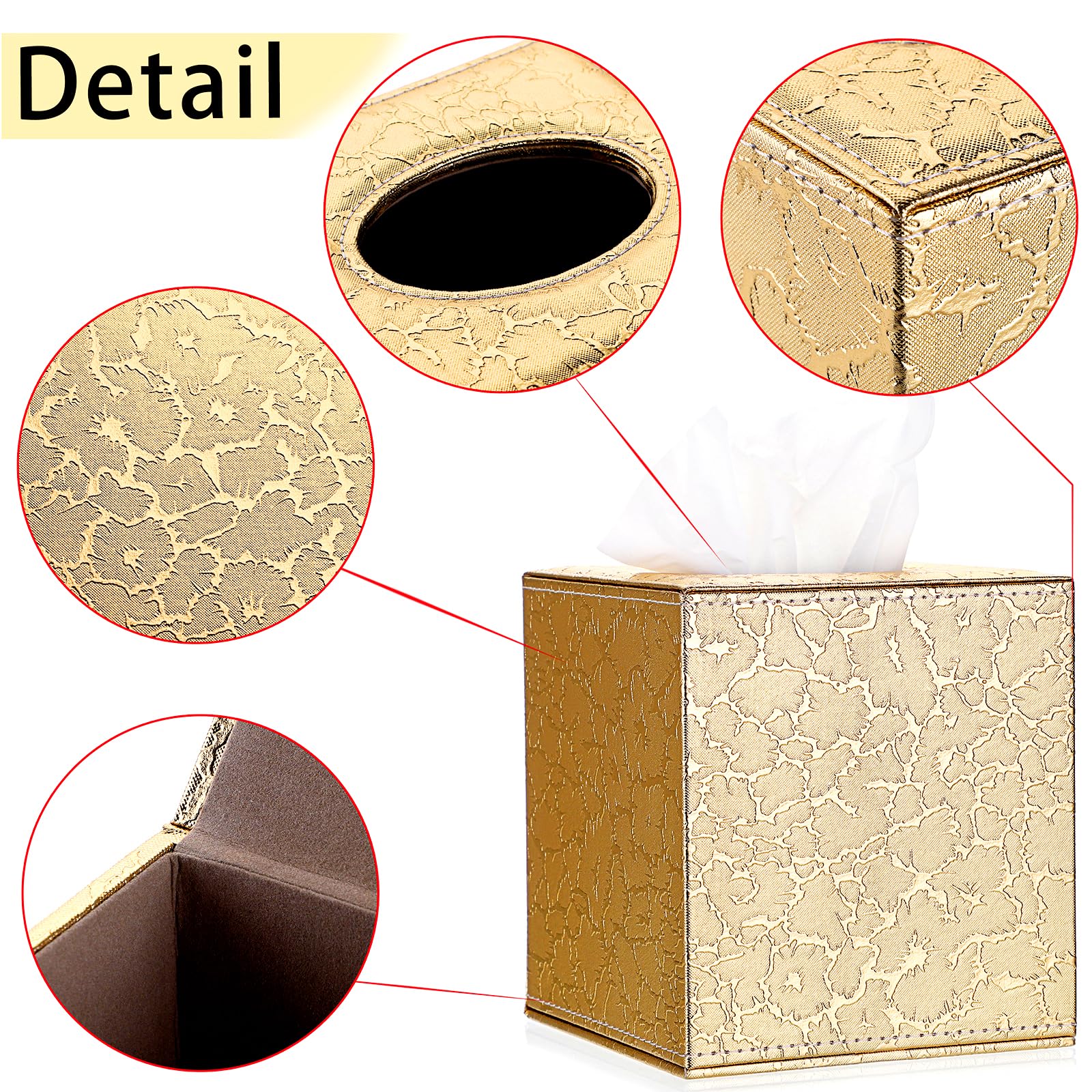Sumnacon Square Leather Tissue Box Cover - Stylish Cube Tissue Box Holder with Magnetic Bottom, Decorative PU Tissue Box for Vanity Dresser Night Stand Table Countertop Home Office Car, Gold