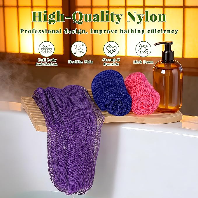 African Net Sponge Authentic, 3 Pieces Exfoliating Scrubber Bath Sponge for All Skin Types, Back Scrubber Loofah Washcloth for Shower, Gentle Exfoliation (Pink,Purple,Dark Blue)