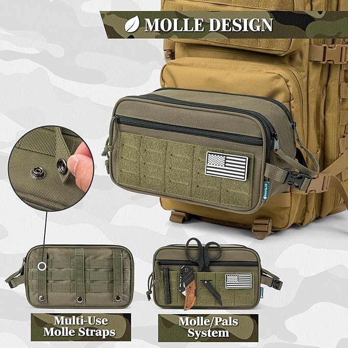 PAVILIA Tactical Toiletry Bag for Men, Water Resistant Molle Military Dopp Kit, Travel Hygiene Organizer with Wet Dry Storage for Shaving, Grooming, Gym and Camping, Olive XL