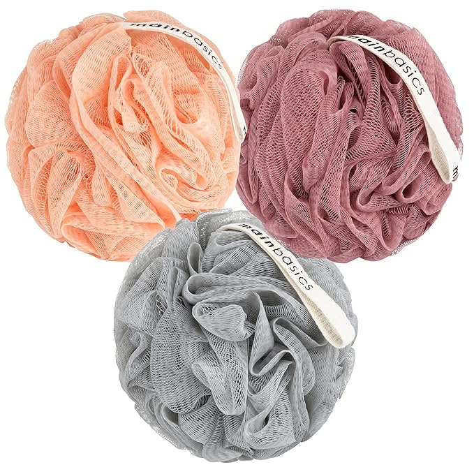MainBasics Shower Loofah Sponge Pouf, Set of 3, Coral Reef