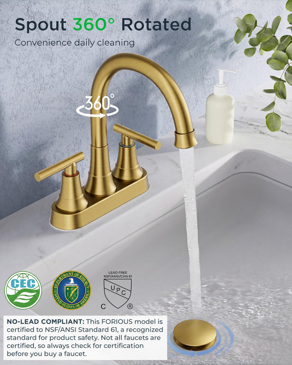 FORIOUS Brushed Gold Bathroom Faucets, 4 Inch Centerset Vanity Faucet Gold