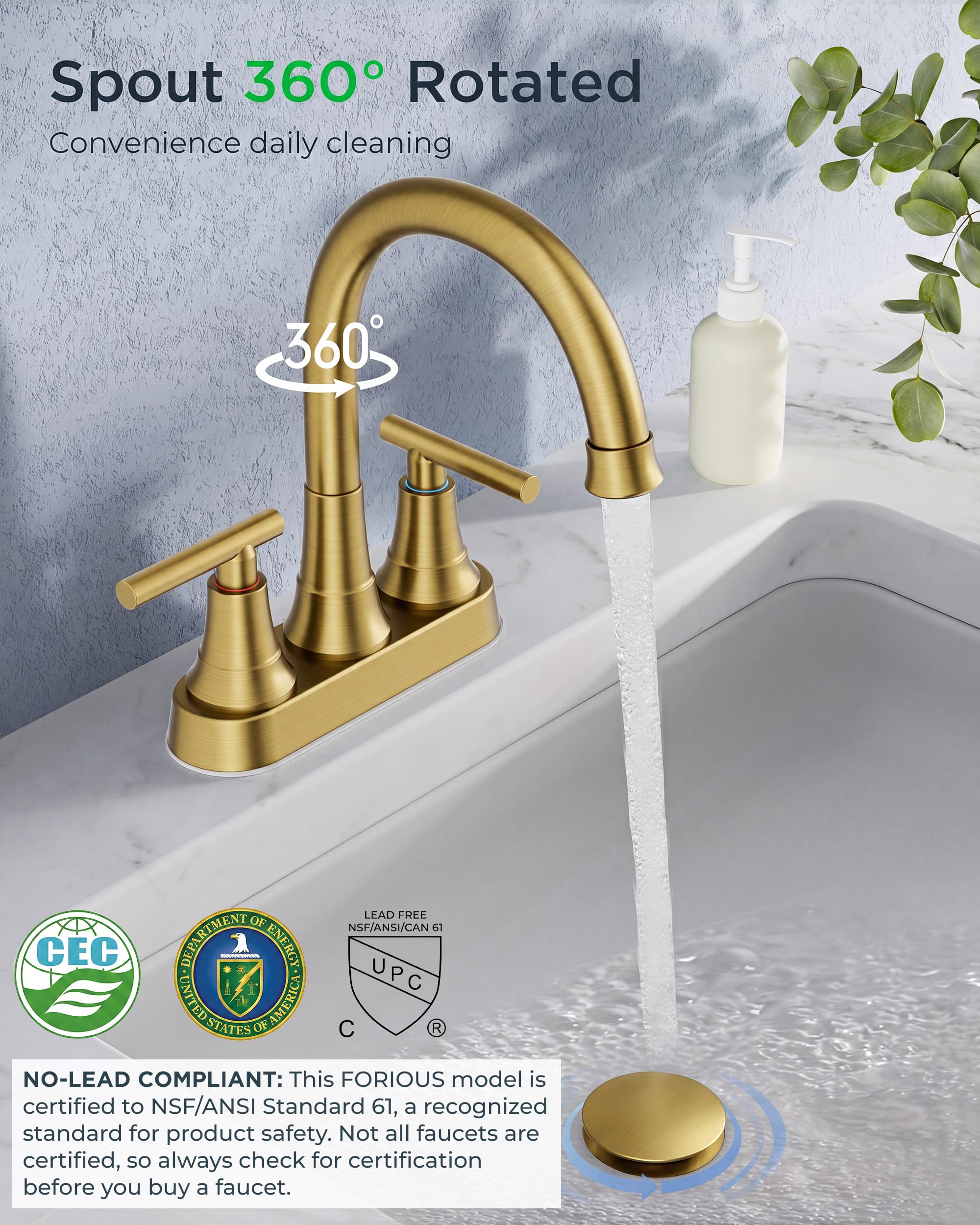 FORIOUS Brushed Gold Bathroom Faucets, 4 Inch Centerset Vanity Faucet Gold