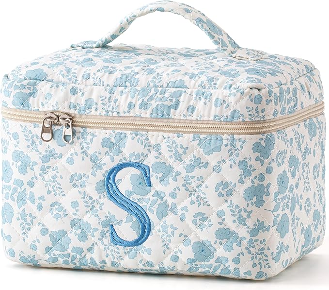 HBselect Quilted Cotton Large Travel Coquette Floral Makeup Bag - Cute Cosmetic Toiletry Bag for Women & Girls