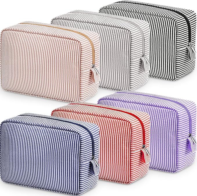 Sanwuta 6 Seersucker Cosmetic Bag Bulk Striped Makeup Bag for Women Aesthetic Cute Travel Toiletry Organizer Preppy Storage Pouch for Wedding Bridesmaid Mother's Day Teacher Gift (Large,Classic)