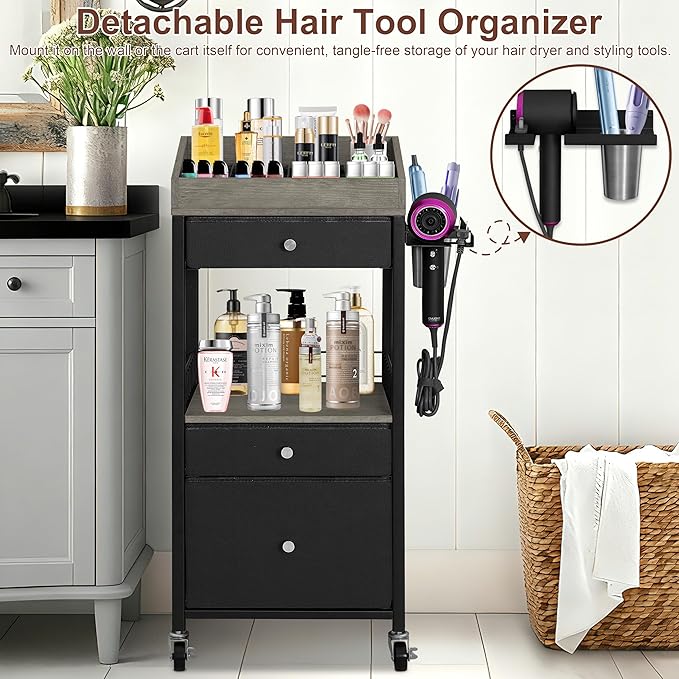 NauwaBarn Makeup Organizer Cart with 3 Drawers, Rolling Cosmetic Storage Cart with Adjustable Dividers, Detachable Hair Tool Holder & Lockable Wheels, Vanity Organizer for Small Spaces, Black & Grey