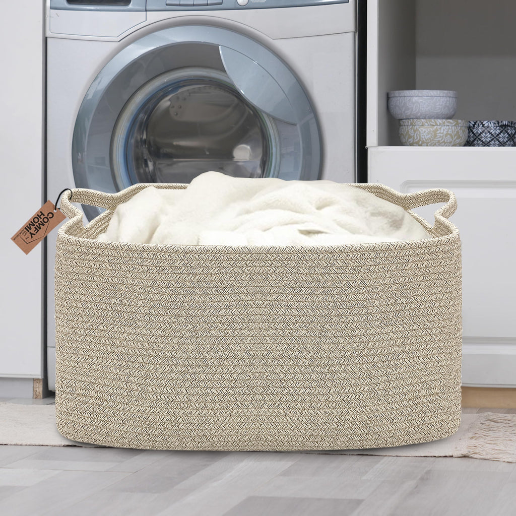 COMFY-HOMI Large Rectangular Blanket, Cotton Rope Woven for Storage, LaundryHamper, Storage,Toy Organizing Bin with Handle, Organizer and Storage-22x15x12-