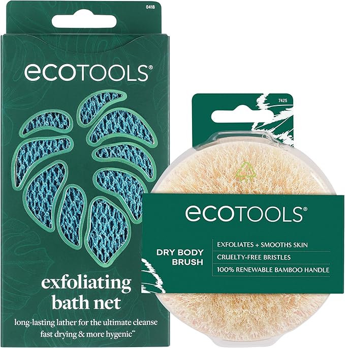 EcoTools Dry Body Brush for Circulation, Dead Skin Removal + Exfoliating Body Scrubber Bath Net, Inspired by The African Net Sponge, Self-Care Gifts, Natural Beige