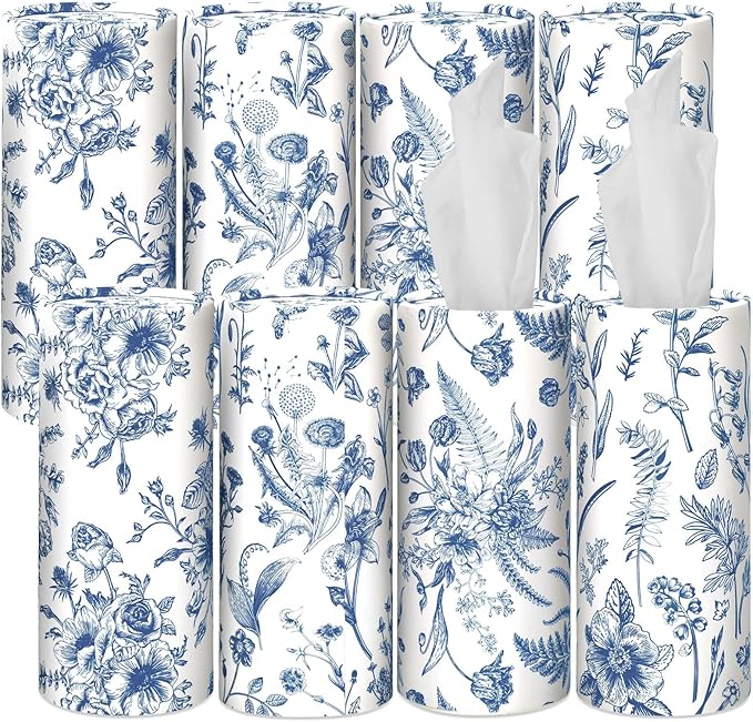 Zonon 8 Pcs Vintage Floral Round Tissues Box Car Holder with Facial Tissue Bulk Blue Flower Travel Tubes for Car with 50 Sheets Spring Cylinder Face Towel Fit for Cup Holder Round Container