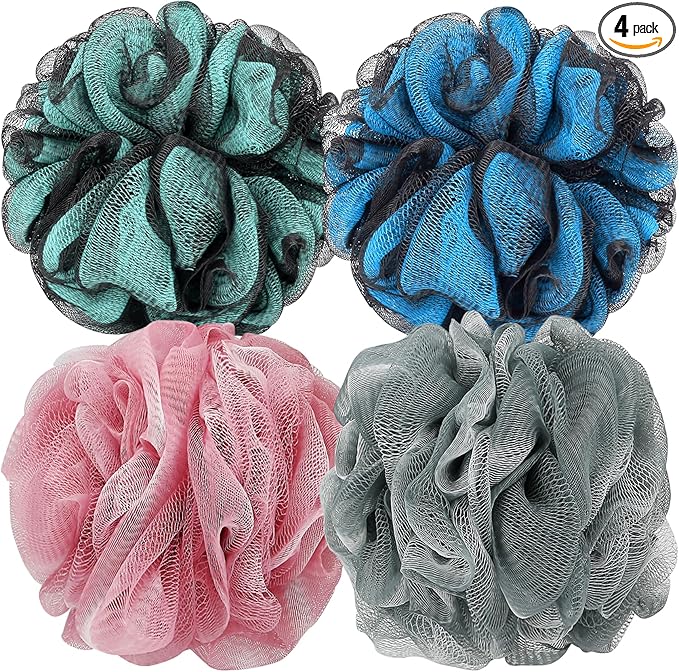 DadyMart Bath Shower Loofah Sponge 60g Bath Mesh Pouf Shower Ball Body Scrubber Exfoliating Bath Sponge for Women and Men, Set of 4, Black (Loofah-Medium