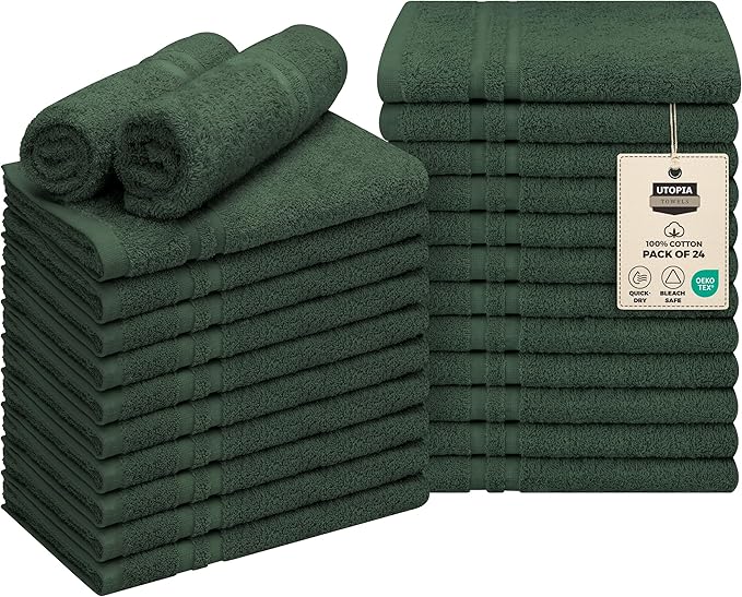 Utopia Towels Cotton Bleach Proof Salon Towel 16 by 27 inches, Bleach Safe 100% Cotton Hand Towel for Gym, 24 Pack, Forest Green