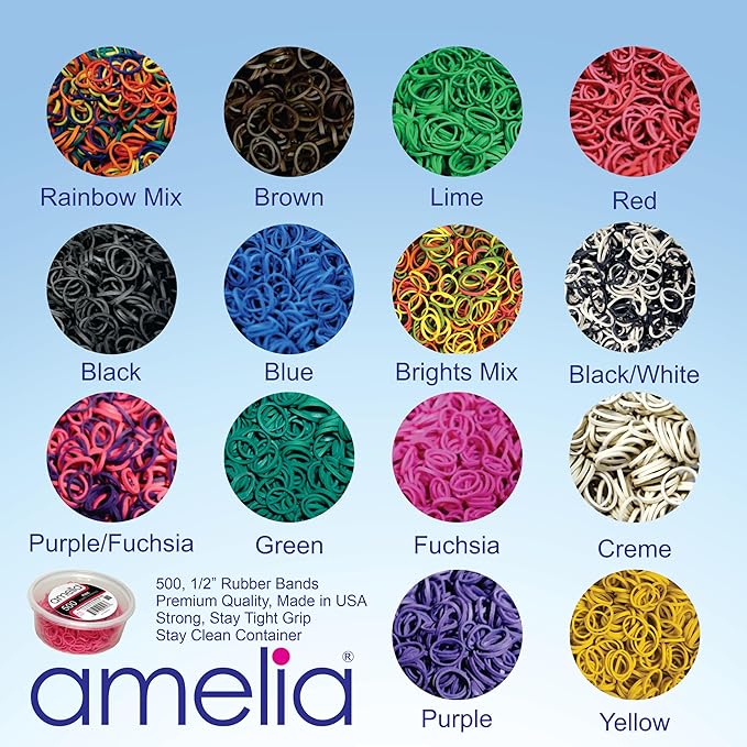 Amelia Beauty 500 Count Small Rubber Bands for Hair – ½" Yellow - Made in USA - Recloseable Container - Mini Hair Elastics for Braids, Ponytails, Cornrows & Twists – Strong Hold Ponytail Holders