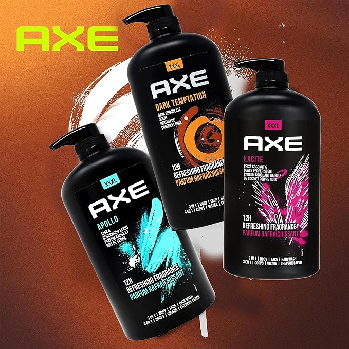 AXE Men's Body Wash Variety 3-Pack, Dark Temptation, Apollo, and Excite 3-in-1 Body, Face & Hair Wash, 32 Oz Ea