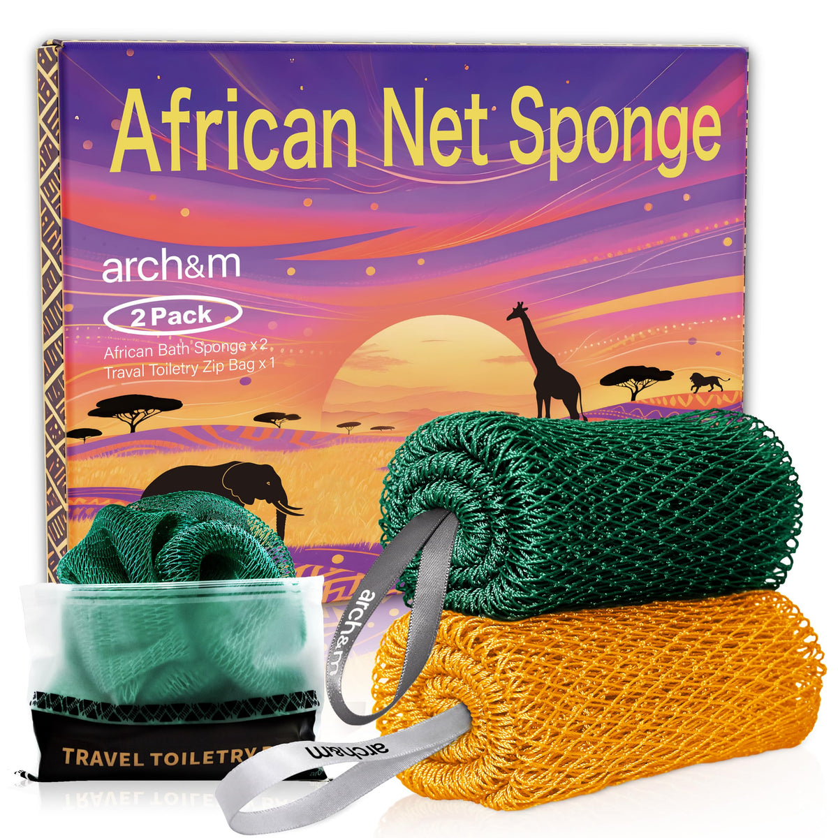 ARCH&M African Net Sponge Authentic with Knots, 2 Pack 53" Extra-Long