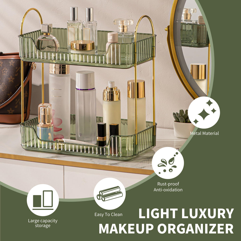 YCIA&DONE Bathroom Organizer Countertop, Makeup Storage, Skincare Cosmetic Tray Shelf, Perfume Holder Rack for Vanity Counter, Large Capacity, Easy to Install, Clean, 2 Tiers, Vintage Green