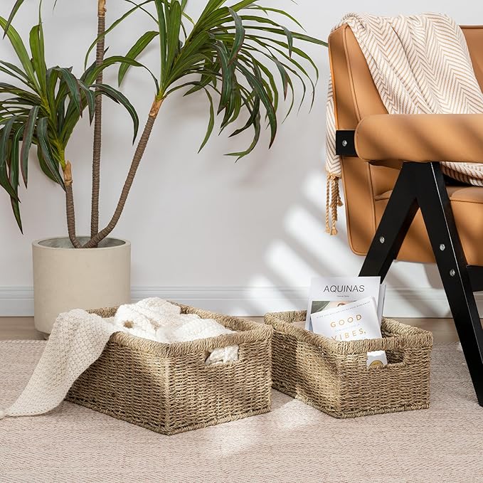 StorageWorks Wicker Storage Baskets, Handwoven Seagrass Basket for Organizing, Decorative Organizers with Built-in Handles, Set of 2