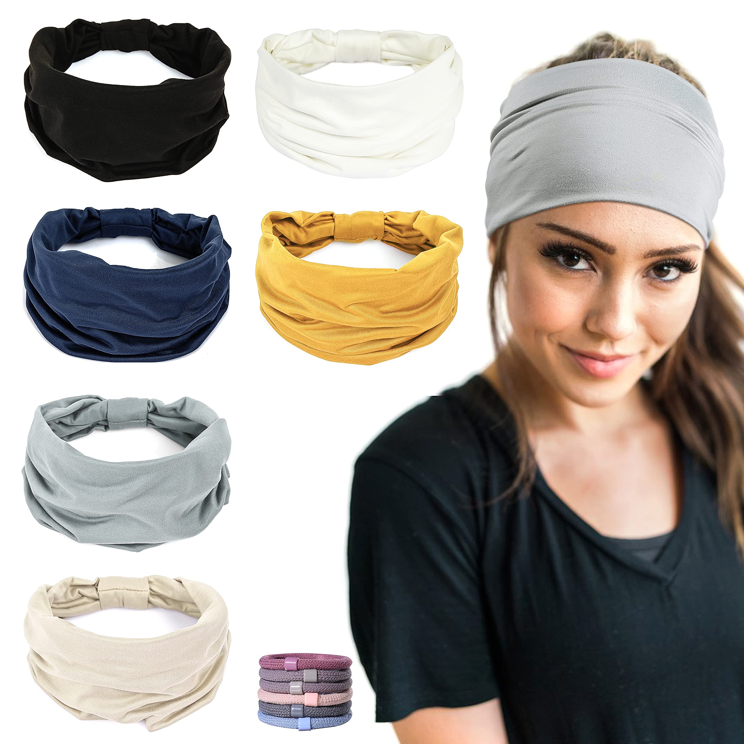GiLi 6 Pack Wide Headbands for Women Non Slip Soft Elastic Hair Bands Yoga Running Sports Workout Gym Head Wraps, Knotted Cotton Cloth African Turbans Bandana (with 6 Pcs Hair Ties)