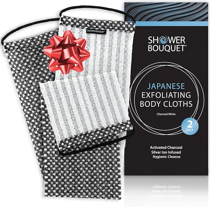 SHOWER BOUQUET Japanese-Exfoliating-Washcloth 2-Pack Charcoal & Silver Ion