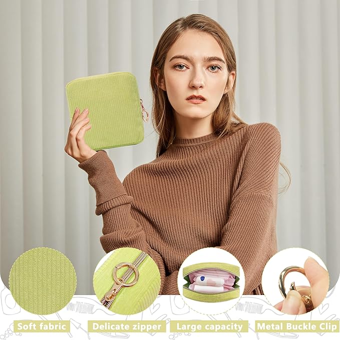 Period Bag for Girls, Corduroy Sanitary Napkin Storage Bag, Period Pouch & Tampon Holder, Feminine Care Organizer（Green）
