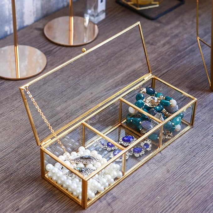 Utopz Vintage Golden Glass Lidded Box Clear Glass & Brass Metal Storage Jewelry and Cosmetic Makeup Organizer with Lid Beauty Display, Rectangle with 3 Compartment