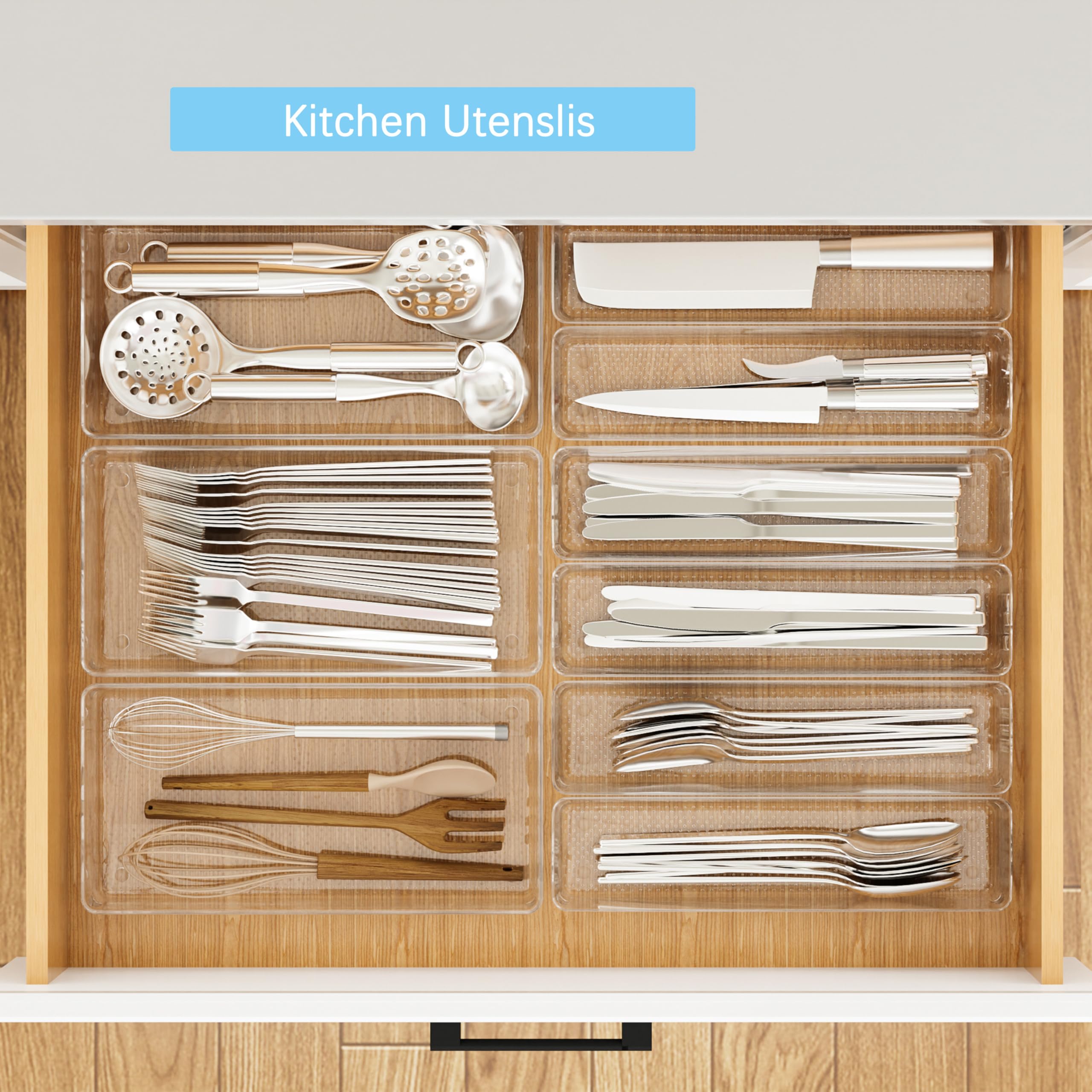 ihomecooker 3 Pack Clear Plastic Drawer Organizer Tray Cutlery Utensil Makeups Drawer Silverware Organizers 12" X 6"&12＂X3＂(9Pack)