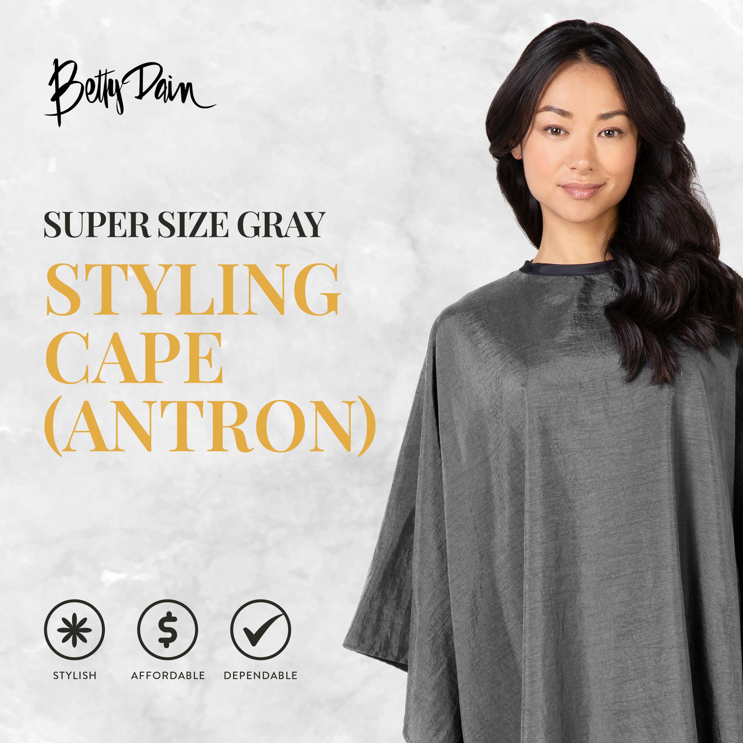 Betty Dain Lightweight Crinkle Nylon Hair Cutting/Styling Cape, Water Resistant, Ultra Lightweight Crinkle Antron Nylon, Repels Hair, Neck Snap Closure, Generous 54 x 60 Inch Size, Silver
