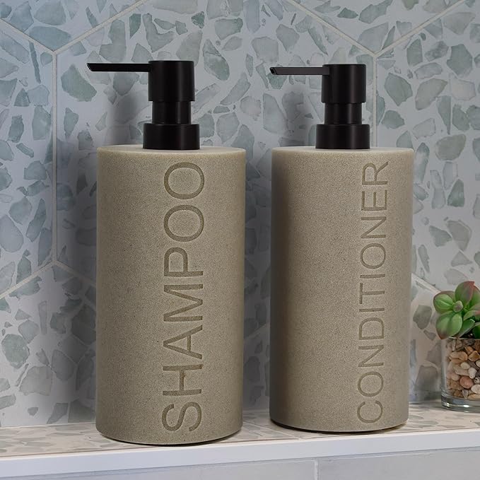 Indecor Home Resin 2 Pack Shampoo, Conditioner or Body Wash Dispenser Set, Luxurious Refillable Pump Bottles with Matte Pump Top and Embossed Text, Durable Design for Bathroom and Shower