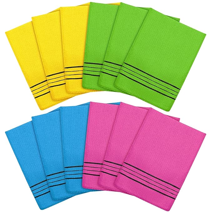 Tatuo 12 Pack Korean Exfoliating Mitt & Cloth, Viscose Rayon Dead Skin Remover Washcloth, Multi Color Body Scrub Towel for Shower Spa Travel(Small,Yellow, Green, Blue, Pink)
