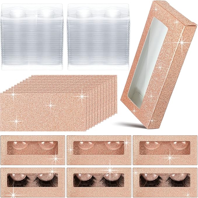 Maitys 50 Sets Empty Lash Case Set, Include Empty Eyelash Box Packaging Storage Box, Eyelash Boxes Tray False Storage, Internal Background Paper(Champagne Gold)
