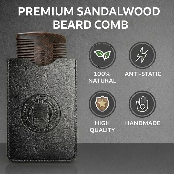 Sandalwood Beard Comb with Protective Case - Anti-Static Dual Action Fine & Coarse Teeth - Pocket Size Beard Grooming Tool for Men