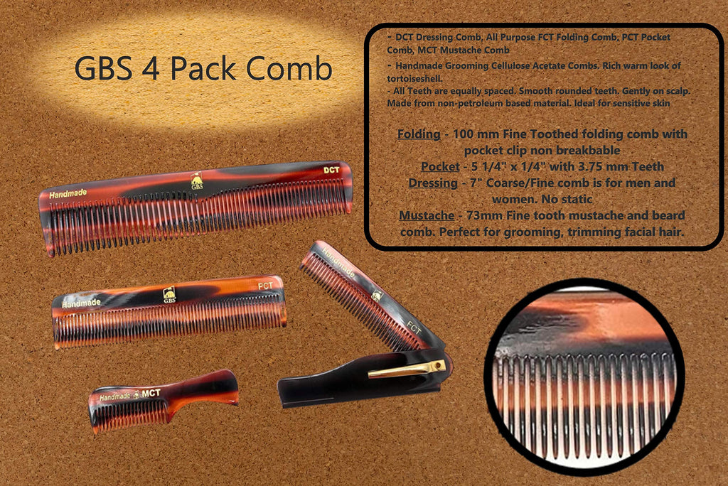 Handmade Tortoise Shell Comb Set – Pack of 4 Premium Fine-Tooth Combs for Men & Women – Includes Pocket, Folding, Dressing & Mustache Combs – Stylish Hair & Beard Grooming Kit