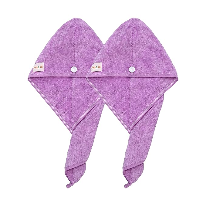 M-bestl 2 Pack Microfiber Hair Towel Wrap,Hair Drying Towel with Button,Absorbent Head Towel to Dry Hair Quickly (Purple)