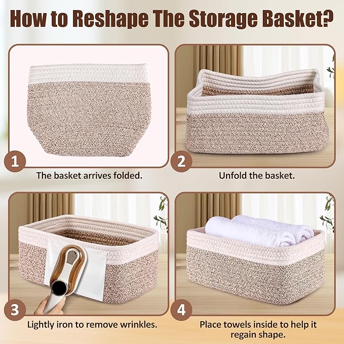 VIRETH HAUS 5-Pack Small Woven Rope Storage Baskets – 2 Sizes Organizer Bins for Closet, Shelf, Bookshelf, Nursery, Changing Table, Fabric Cube Boxes, Rectangular Shallow Bins for Bathroom, Toy & Home