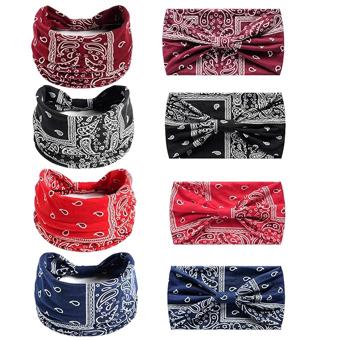 Boho Headbands For Women Fashion Stretch Wide Hair Bands Knoted Turban Head Bands Yoga Running Sweatband Elastic Headband Stylish Wrap Headbands Hair Accessories for Teen Girls 4 Pack