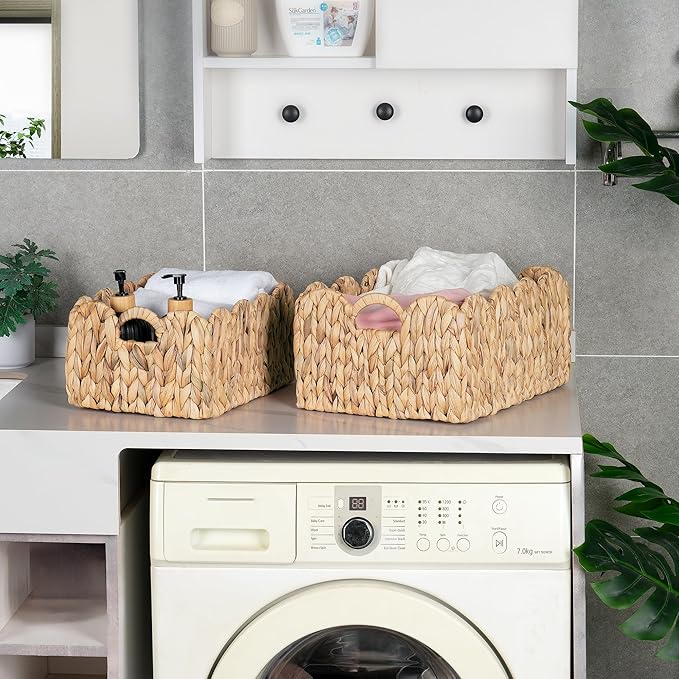 Scalloped Wicker Basket, Set of 2 Woven Rattan Natural Water Hyacinth Baskets with Built-in Handles, Rectangle Storage Baskets for Organizing, Decor, Shelf and Nursery Room
