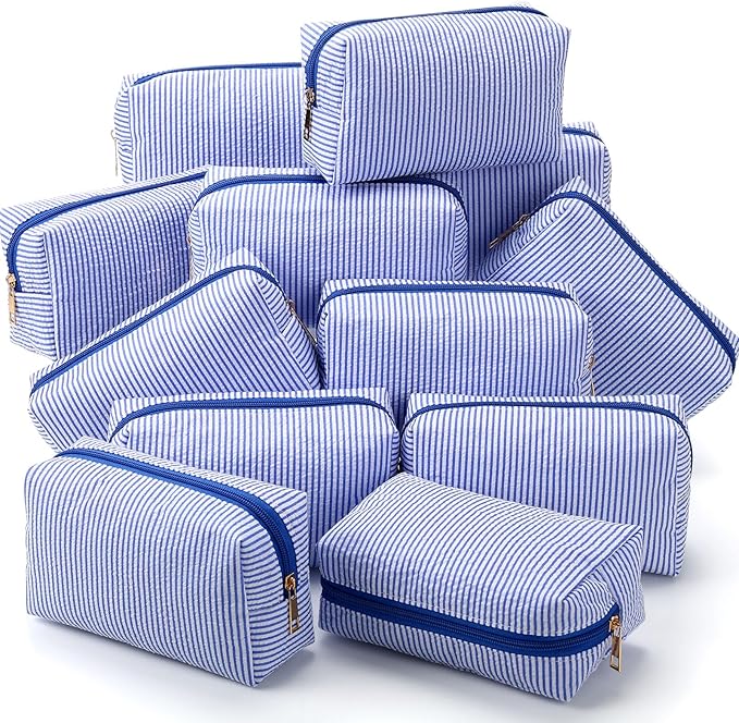 Sanwuta 12 Pcs Seersucker Cosmetic Bags Bulk Seersucker Makeup Bags Stripe Women Pouch Large Preppy Storage Pouch Toiletry Travel for Wedding Bridesmaid Bride Favor Back to Teacher Gift (Blue)